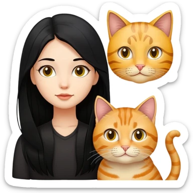 A girl with long black hair and an oval face is together with a black and yellow tabby cat. sticker