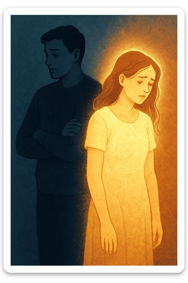Vertical format: A woman with a glowing aura being overshadowed by a shadow coming from the man next to her, he has a closed posture and a lost gaze, she looks visibly fatigued. sticker