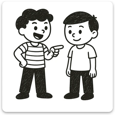 Edit the image of the little boy with left hand on his hip to now have him pointing at another boy next to him. Keep the doodle style and character details the same as the original. sticker