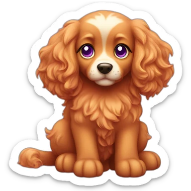 A bright-red puppy with long fur, floppy ears, a curly tail and purple eyes sticker