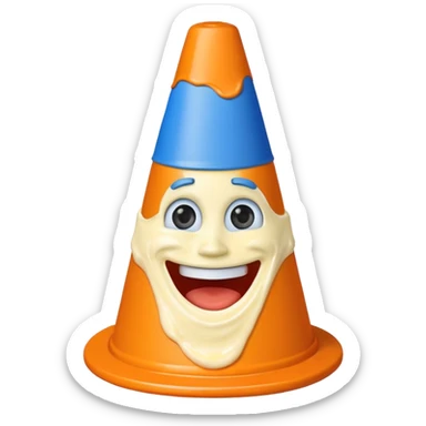 Traffic cone with mayonnaise on it and pickles around it and it has a blue face sticker