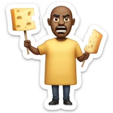 Angry man holding a piece of really big cheese on a stick sticker