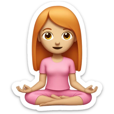 ginger girl, white face, with shoulder lenght straight hair with bangs wearing pink sitting in meditation sticker