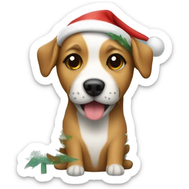 Dog with Christmas hat and Christmas tree lights wrapped around the dog sticker