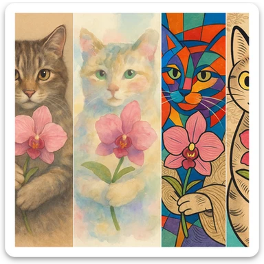 cat holding a spring orchid, diverse artistic styles sticker
