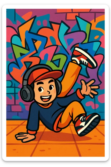 hip hop Chinese American character breakdancing, wearing headphones, graffiti background, stylish sneakers, vibrant cartoon style sticker