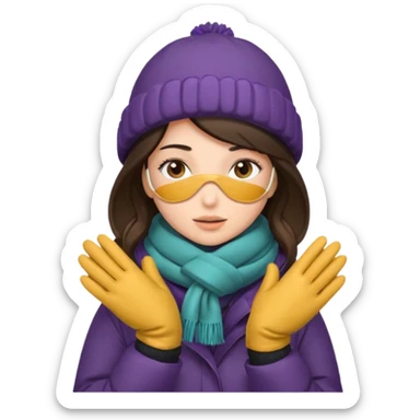 Brunette woman bundled up with parka, hat, scarf, and glvoes. The scarf covers her face  sticker