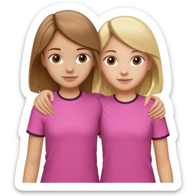 Two Girls with their arms around each other at summer camp one blonde one brown hair brown hair wearing pink shirt sticker