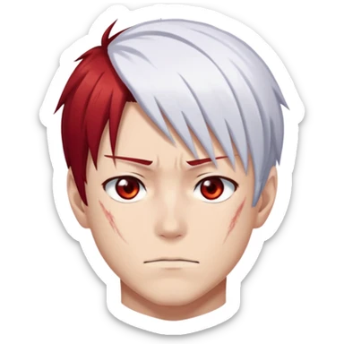 Shoto Todoroki face only, left side white hair, right side red hair, heterochromatic eyes, burn scar on left side of face, serious expression sticker