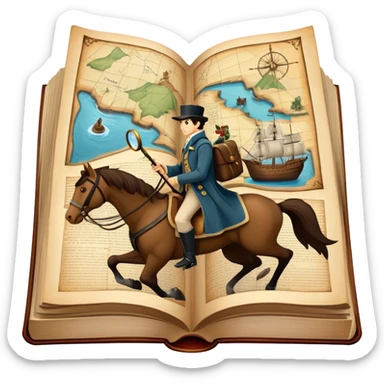 Collage for Reading Fiction: large open book with pages turning into with musketeers on horseback, Sherlock Holmes with a magnifying glass standing nearby, treasure island map. The icon should evoke the adventure and romance of exploring fictional worlds. Transparent background sticker