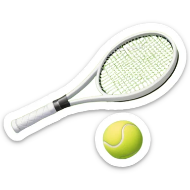 A tennis racket and ball positioned on a grass court, with the net and lines clearly visible in the background. The scene emphasizes the classic elements of the sport, capturing the energy and precision of a tennis match. sticker