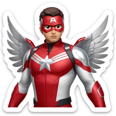 Danny Ramirez as the new Falcon in Captain America: Brave New World, wearing a sleek, high-tech red, white, and silver suit with aerodynamic wings. His expression is determined and heroic, ready for action. The background features a dramatic sky, highlighting his flying abilities sticker