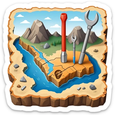 An icon featuring a crowbar and chisel, a geological map, and layers of Earth’s crust, symbolizing geology. The design includes mineral samples, fossils, and tectonic plates, representing the study of Earth’s structure and natural processes. Transparent background highlights geological exploration sticker