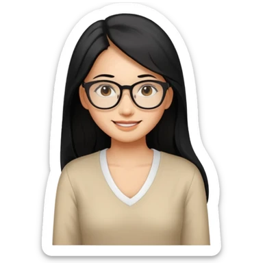medium tan asian woman with long black hair past middle of back, round brown eyes, white v neck blouse. she has black thick frame rectangular glasses on and smilling sticker