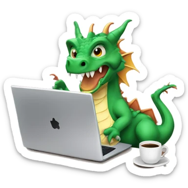 dragon on a laptop, wearing a shirt with the words hump day on it, with a cup of coffee in his right hand sticker