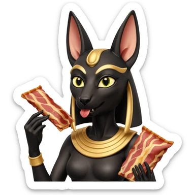  mean Short-eared Black fur beautiful female alien anubis statue posed biting on store-brand bacon packaging  sticker