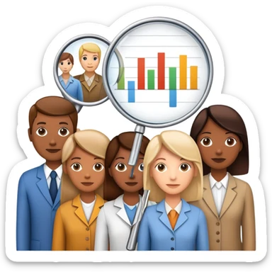 An icon featuring a group of diverse people, interconnected by lines, symbolizing sociology. The design includes a magnifying glass and a bar chart, representing the study of societies and social structures. Transparent background highlights the analysis of human behavior and social dynamics. sticker