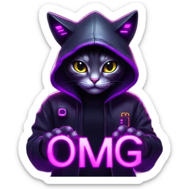 cat wearing a black hoodie with "OMG" letters on it and VR headset in a cyberpunk VR environment with violet neon lighting. sticker