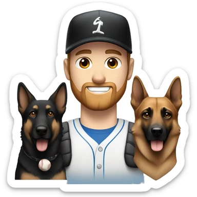 white male with blue eyes, a black beard and a baseball hat alongside a black and brown german shepherd  sticker