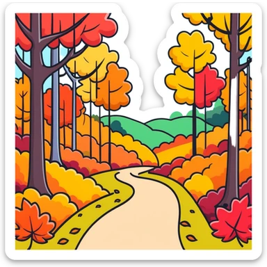 autumn forest with vibrant, multicolored leaves, trees, and a path sticker