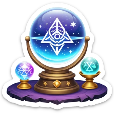 vibrant and mystical icon representing divination and esotericism. The icon should feature symbols like a crystal ball, tarot cards, or mystical runes, with glowing effects, stars, and a magical atmosphere. The design should be colorful, magical, and evoke a sense of mystery and spirituality. sticker