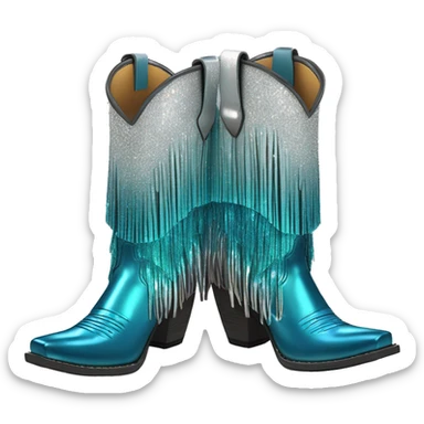 Realistic silver and peacock blue ombre pair of fashion cowgirl boots with sparkly shiny glitter fringe on them. sticker