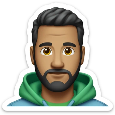 very wide guy with black straight backslicked hair big chest green hoodie and light blue jeans and a very very short beard, with acne sticker