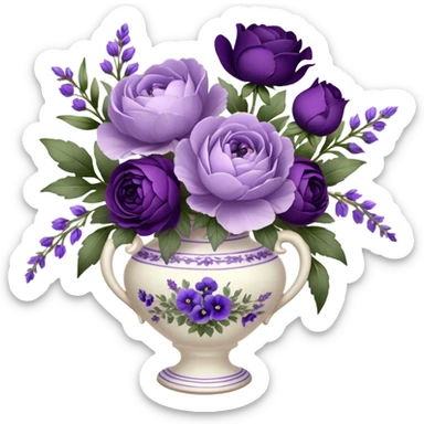 A dainty porcelain vase, hand-painted with delicate lavender pansies and deep purple roses, holds an elegant bouquet of amethyst-hued peonies, fragrant sprigs of wild lavender, and trailing silk ribbons, with a tiny heart-shaped charm dangling from its neck, swaying gently in the evening breeze.
 sticker