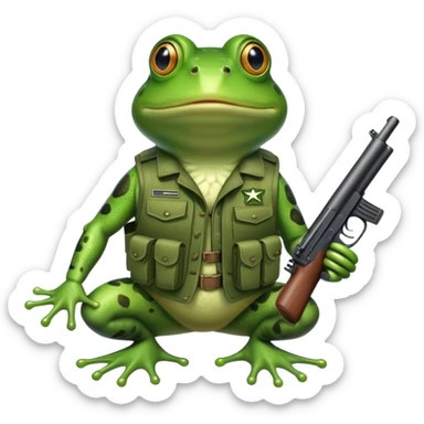 Make a frog with army vest holding a gun sticker