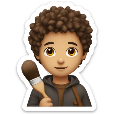 A boy holding a brush. Brown eyes, drk bear and hair sticker