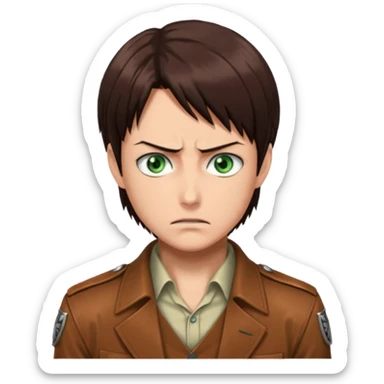 “Create an avatar that looks like Eren Yeager from Attack on Titan, Season 3 — sharp jawline, tied-back long brown hair, intense green eyes, serious expression.” sticker
