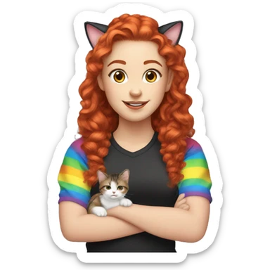 a white girl with long red curly hair in a pony tail with rainbow shirt does peace sign wearing cat ears one black other white sticker