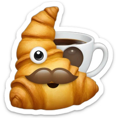 A croissant with eyes, mouth and a mustache that drinks a cup of coffee sticker