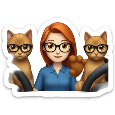 Redhead girl glasses driving blue with 2 black cats  sticker