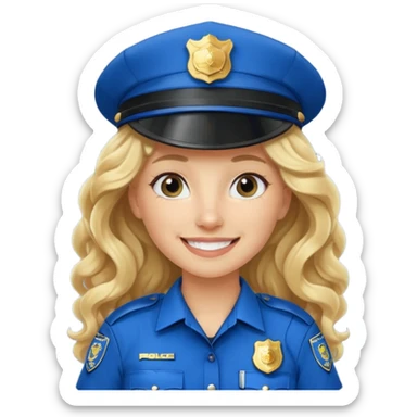 Female POLICE IN blue, long blonde curly hair, happy smile sticker