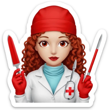 Scary woman scalpel in hand, evil surgeon sexy surgeon clothes.  She has red eyes. Her  brown long curly hair. Wears sexy doctor outfit with red gloves. make her wear red ski mask  to hide. Wears white surge9n jcketneb sticker