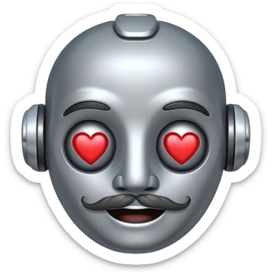 a happy robot face with heart eyes, wearing a mustache sticker