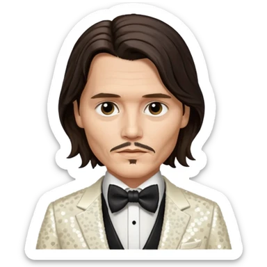 Johnny Depp with long dark brown hair hair, ivory sequin suit with bow tie sticker