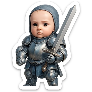 baby warrior dressed in shiny blue and silver plate armor, carrying a large sword, noble and bold knightly appearance sticker