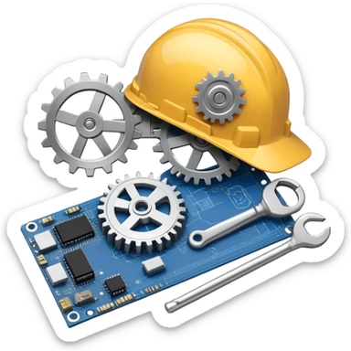 An icon featuring a gear, a wrench, and a blueprint, symbolizing engineering. The design includes a hard hat, a circuit board, and a ruler, representing problem-solving, design, and technological innovation across various engineering fields. Transparent background sticker