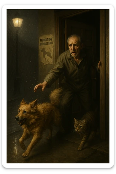 Un uomo anziano in tuta da lavoro, con espressione angosciata, tiene aperta la porta di casa mentre il suo cane (un meticcio a pelo lungo) e il gatto (soriano) scappano nella strada buia sotto la pioggia. Particelle di polvere/pulci fluttuano nell'aria illuminata dal lampione. Sullo sfondo, un poster strappato del veterinario con scritto 'Prevenzione antiparassitaria'. Stile fotorealistico, illuminazione Caravaggesca, toni grigi e ocra. in italiano sticker