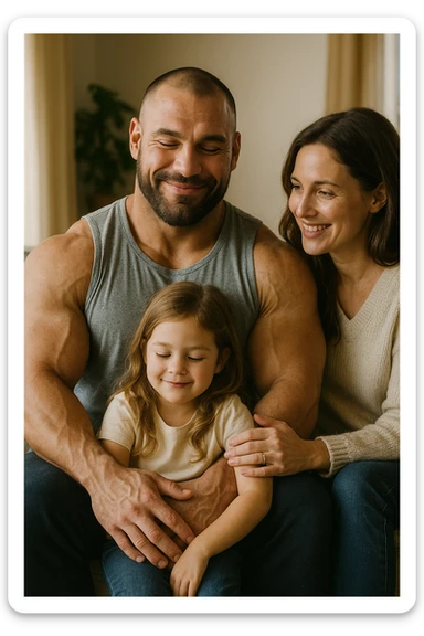 realistic vertical scene of a smiling and serene bodybuilder with family, cozy and warm environment, 2:3 aspect ratio sticker