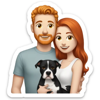 Red haired couple holding black and white English staffordshire sticker
