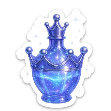 small crown-shaped luxurious elixir bottle, color #7986cb, iridescent and silver details, intense magical glowing and sparkling effects, very small neck, seamless bottom, transparent background, floating, no base or shadow, modern, matching a collection sticker