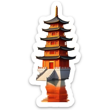Leifeng Pagoda in the Sunset, West Lake Hangzhou, simplified emoji style, traditional Chinese pagoda with sunset glow, cartoon style sticker