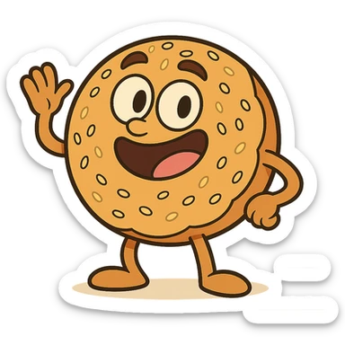 cartoon style simit, exaggerated round shape, bright colors, sesame seeds, playful look, isolated on white background sticker