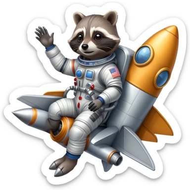 raccoon astronaut riding a rocket sticker