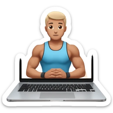 Open laptop on a dark background, showing a male fitness trainer inside a modern professional gym on the screen— smooth rounded edges, soft lighting, no text or logos, minimalistic and high-quality rendering. Only the laptop is visible, centered sticker