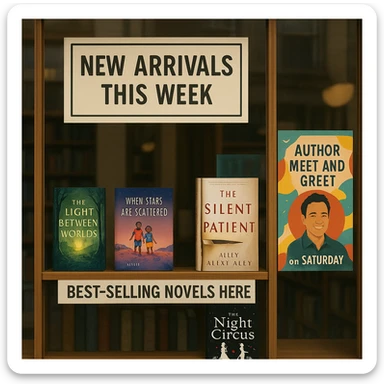 Bookstore window display. A sign displays “New Arrivals This Week”. Below, a shelf tag with the text “Best-Selling Novels Here”. To the side, a colorful poster advertises “Author Meet And Greet on Saturday” with a central portrait of the author. There are four books on the bookshelf, namely “The light between worlds” “When stars are scattered” “The slient patient” “The night circus” sticker