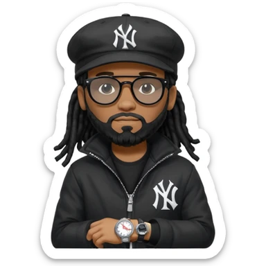 African American man with shoulder length black dreadlocks with black beard wearing black sunglasses wearing a black bubble winter coat and a New York Yankees logo baseball cap looking at watch sticker